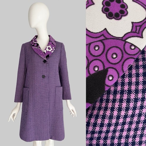 Geoffrey Beene, Geoffrey Beene Vintage Fall 1969 Museum Held Purple Plaid Wool Coat