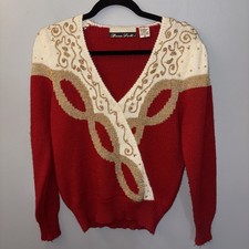 Vintage Dana Scott Sweater Red/ Ivory /Gold Beaded New Years Christmas Womens M