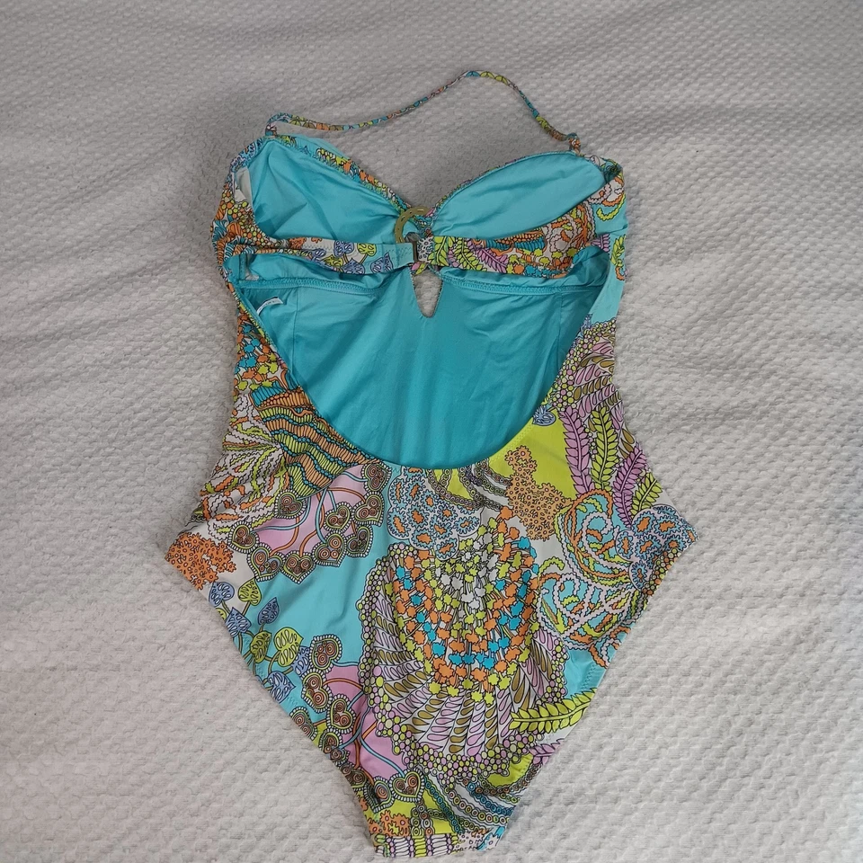 Trina Turk Coral Reef Bandeau One Piece Swimsuit Size 12 Colorful Ruched Halter - Image 3 of 4