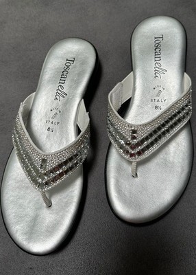 Toscanella 'Excess' Italy Silver & Rhinestone Sandals Flip Flops 8.5M New