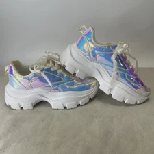 Women’s 8.5 Lucky Step White Holographic Chunky Platform Fashion Sneakers