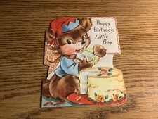 Vintage Birthday Card 1950s With Bear Cub Eating Birthday Cake