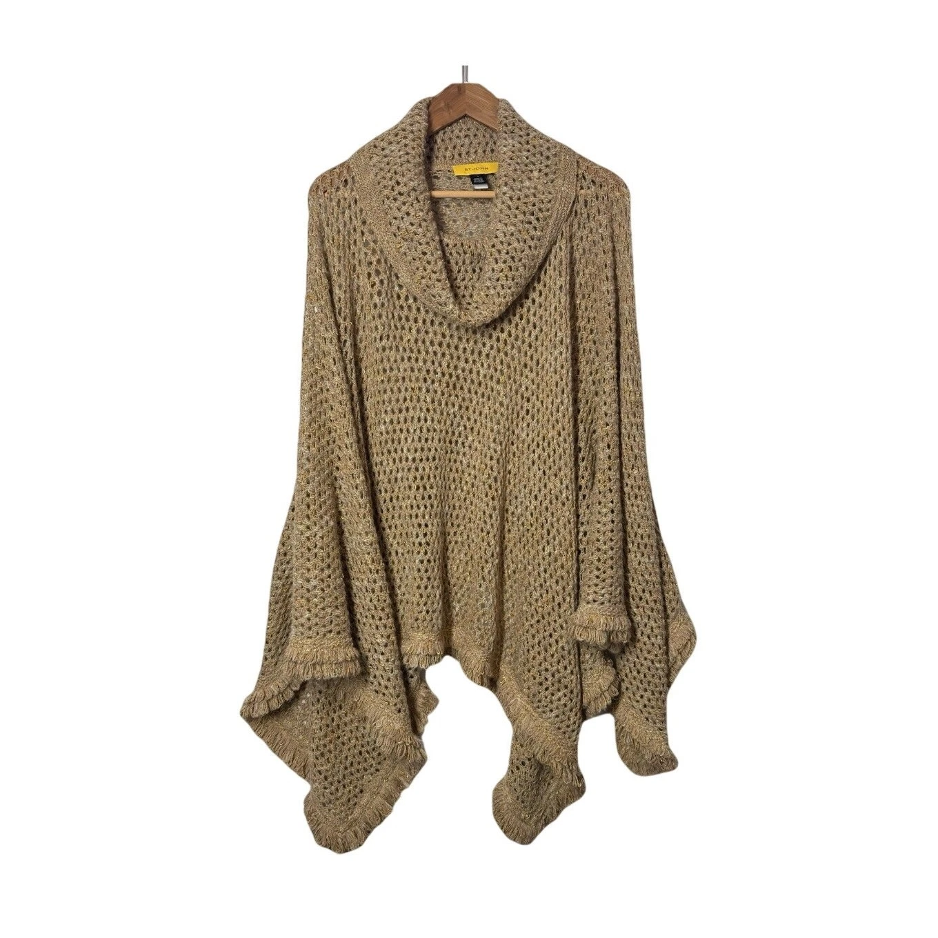 ST JOHN Open Knit Poncho Sweater Gold Metallic Wool Blend Cowl Neck L
