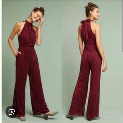 Ett:twa  Anthropologie Aida Lace Halter Jumpsuit Burgundy Red Tomato Girl US 2