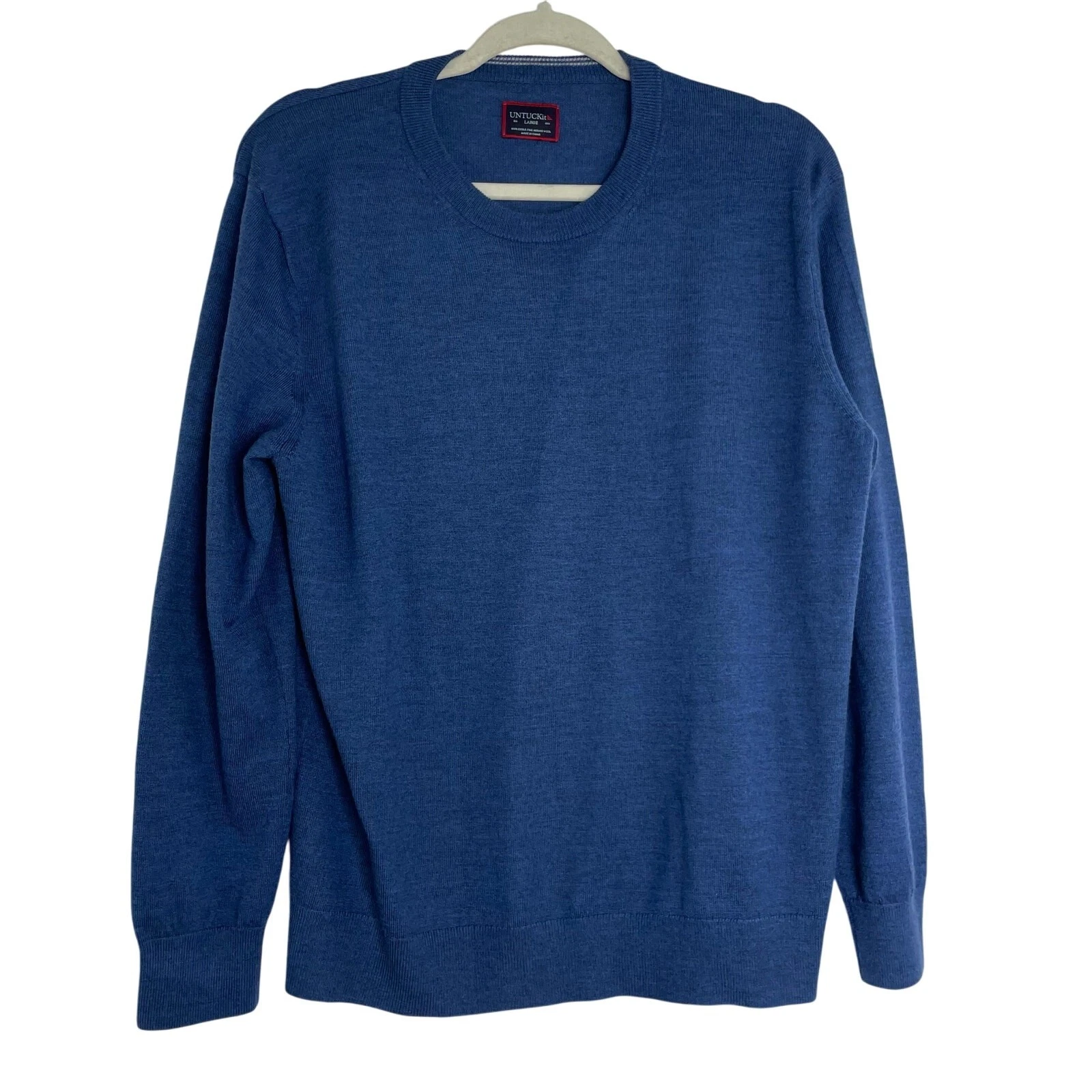 Untuckit Zepelin Blue Crew Neck Sweater 100% Extra Fine Merino Wool Men's Large