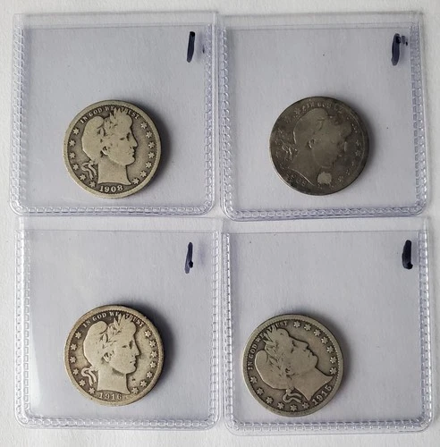 Barber Quarter 4 Coin Lot. 1908 D, 1909 D, 1915, 1916 D Auction Lot #1