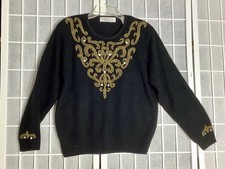 Karen Scott VTG 90s Black Sweater Silk Angora Lambswool Blend Gold Beading Sz L