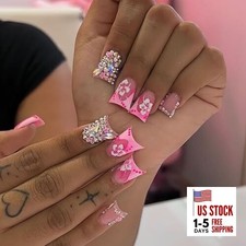 Press on Nails Duck Shaped Glossy Full Cover Pink French and Floral Rhinestone