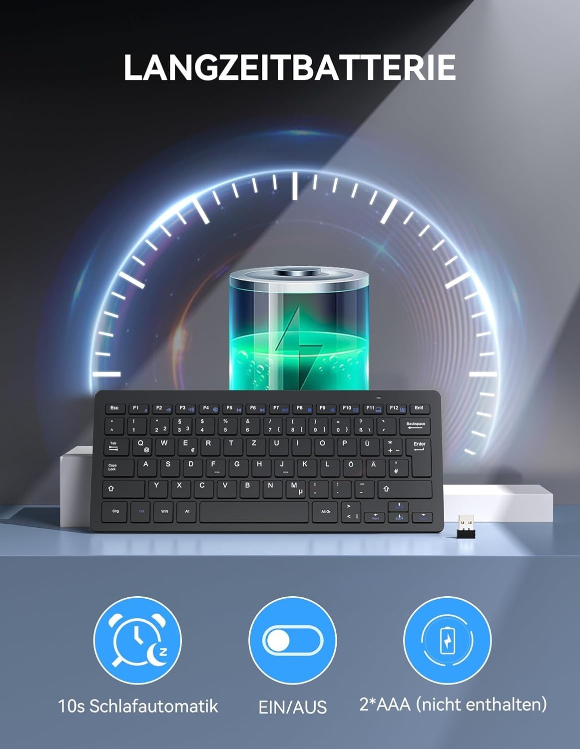 Kabellose Mini-Tastatur Nano-USB Empfänger 78 Tasten Schwarz