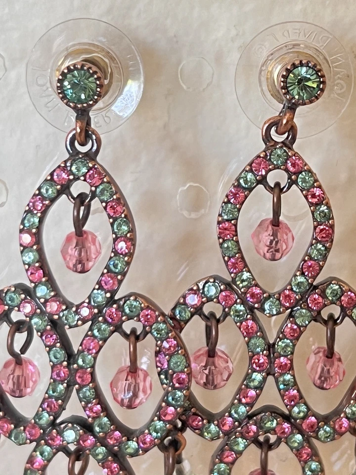 Joan Rivers Earrings Dangle Drop Chandelier Pink & Green & Blue Crystals 2” - Image 3 of 4