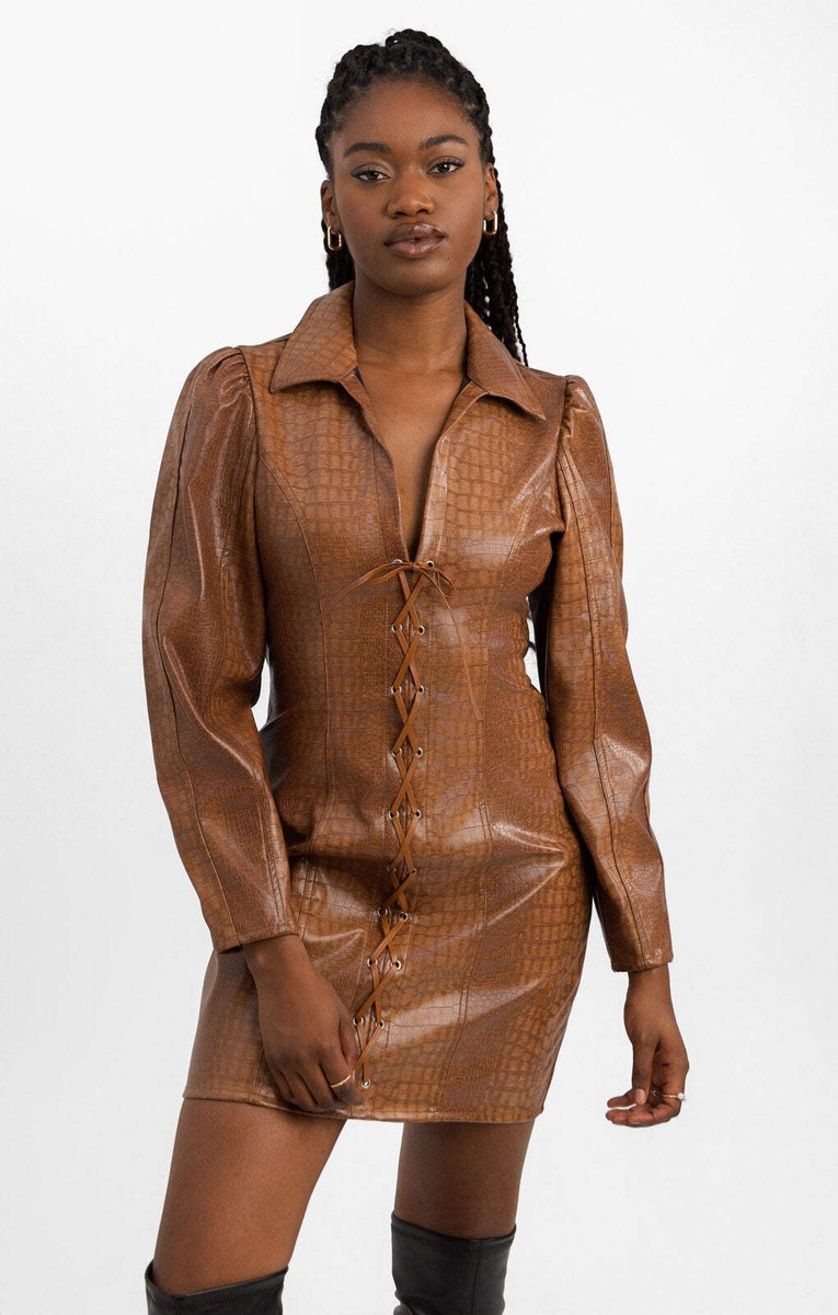 asos leather dress ASOS DESIGN Leather Look Corset Mini Shirt Dress In Brown Croc