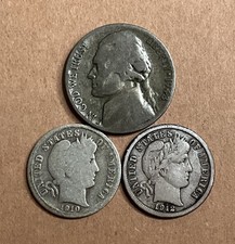 Old US Coin Lot 2 Silver Barber Dime / 1 War Nickel - 3 Coin Set