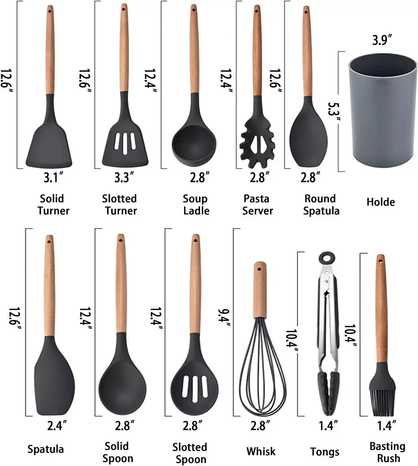 12Pcs Kitchen Cooking Utensils Set Silicone Cookware Wooden Handle Non-Stick