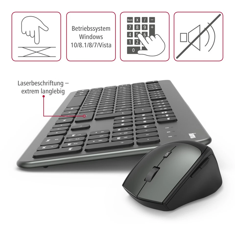 Hama Funk-Tastatur-Maus-Set KMW-700 PC USB QWERTZ kabellos 10m leise slim Schwa. - Bild 2 von 4