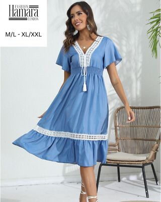 UK Women's Boho Plain Midi Dress Ladies Beach Holiday