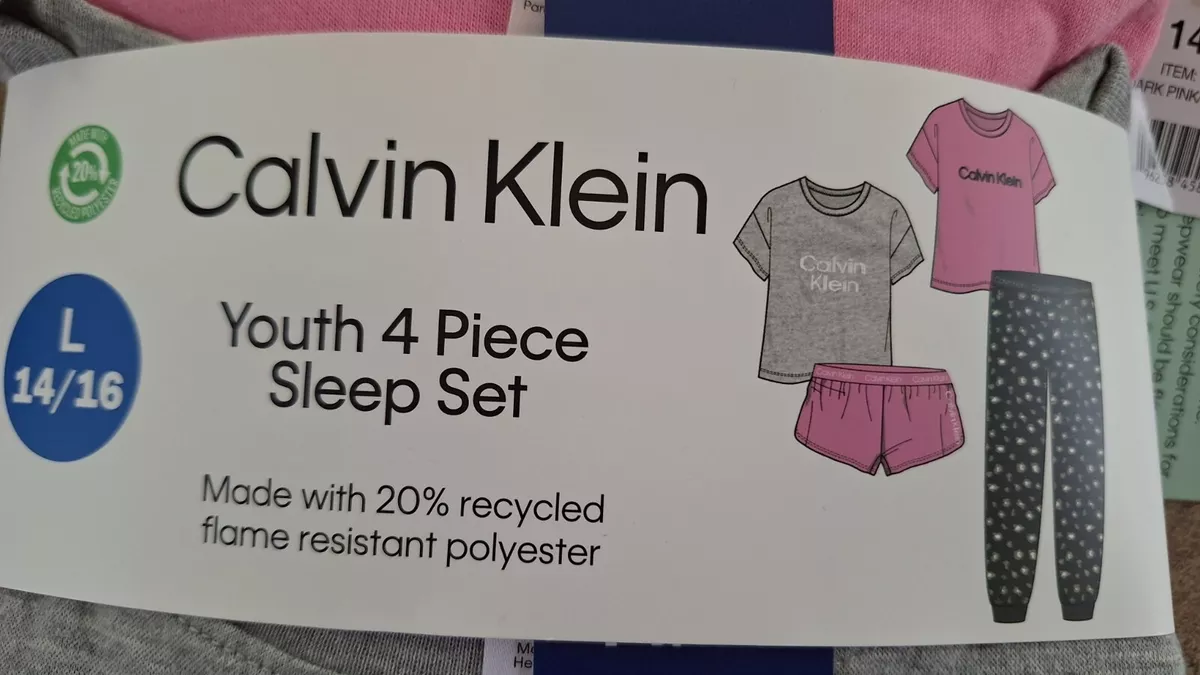 Calvin Klein Youth Girls 4 Piece Sleep Pajama Set Pink/Charcoal Size L 14/16  New