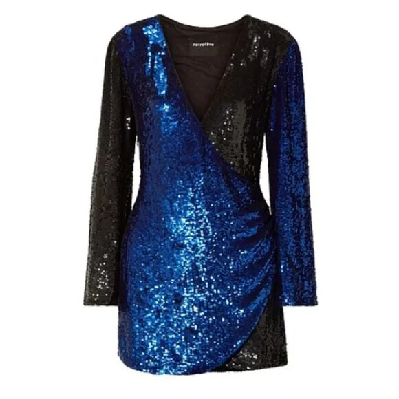 Retrofete Christine Blue & Black Sequin Wrap Long Sleeve Dress $844 XS View 5