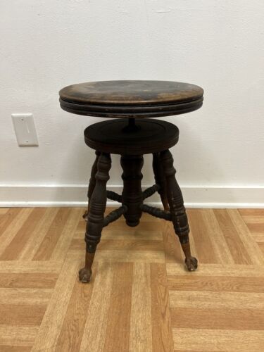 Vintage WOOD PIANO STOOL organ claw foot victorian wooden seat antique ball feet - Picture 1 of 13