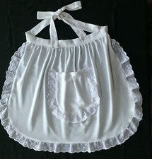 WHITE LINEN HALF/SHORT VINTAGE LACE COTTON APRON WITH POCKETS WOMEN MAID COSTUME