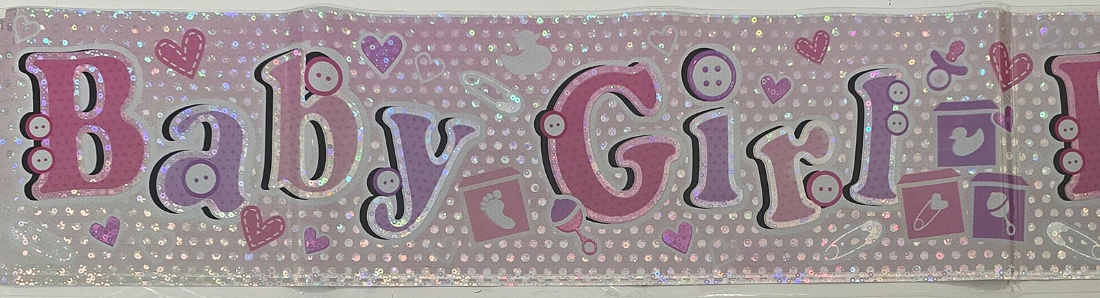 Baby Girl Foil Holographic Banner Silver Pink 2.6m or 3 x 87cm