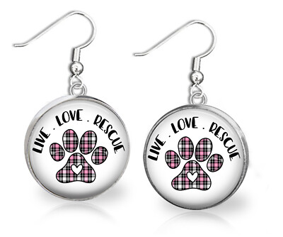 Live Love Rescue Adopt Cats Dogs Dangle Earrings Glass Dome Top Foster Mom Gift