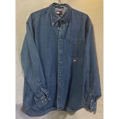 Vintage Tommy Jeans Mens Embroidered Logo Denim Shirt M