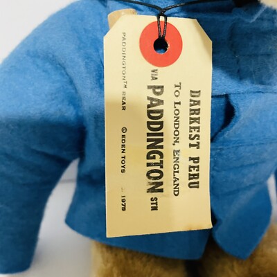 Vintage 1975 Paddington Bear Stuffed Animal Plush Toy w Blue Coat