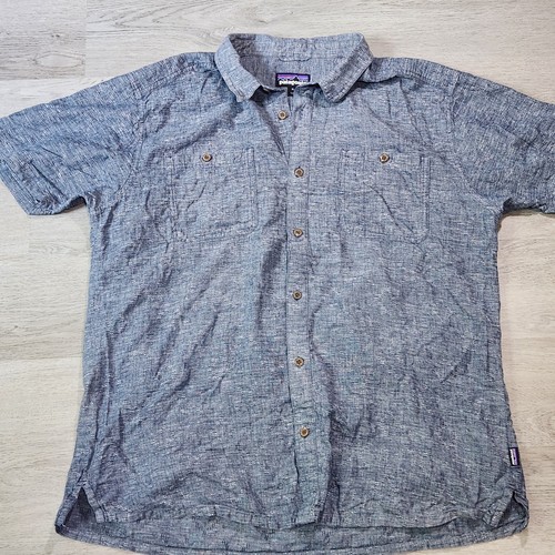 Patagonia Men's XL Blue Gray Back Step Shirt Hemp Button Up Aztec Embroidered - Picture 2 of 8