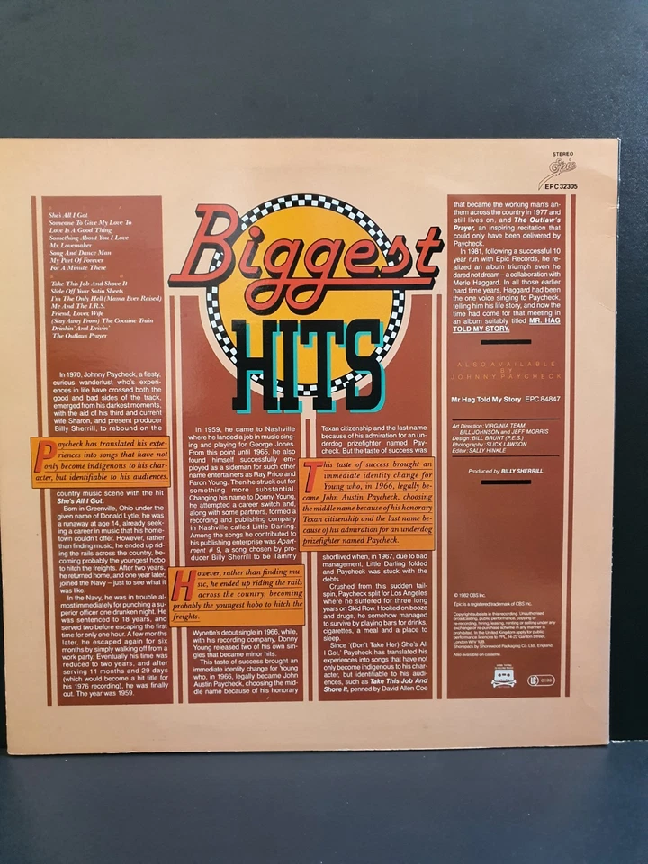 JOHNNY PAYCHECK - BIGGEST HITS - 1982 16 TRACK EPIC LABEL VINYL LP / MINT VINYL - Image 2 of 4