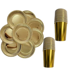 12-48pk Gold Silver Cups & Paper Plates 9 Inch Round Disposable Party Tableware
