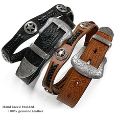 Antique Western Buckle Ranger Star Conchos Embossed Full Grain Leather Belt