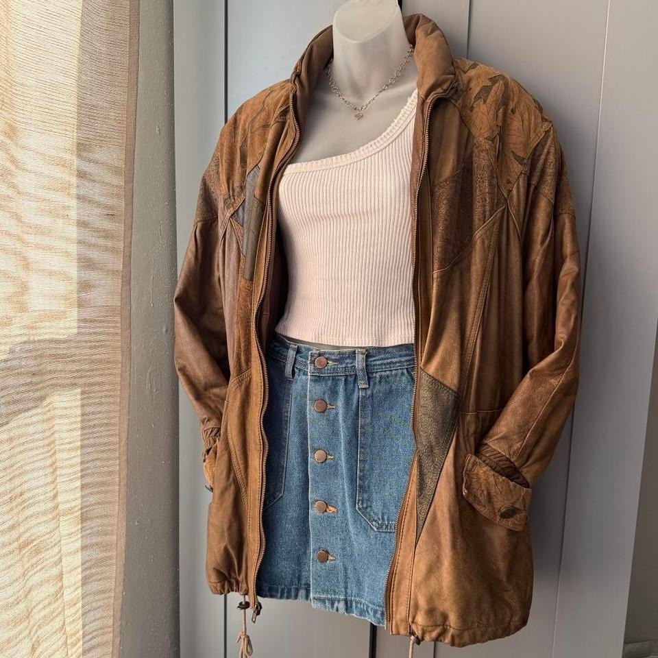 Statement Patchwork Brown Leather Jacket Oversize… - image 2