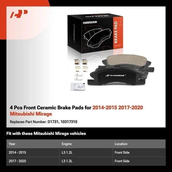 Pastillas de freno delanteras de cerámica con herrajes para Mitsubishi Mirage 2014-2015 2017-2020 Foto 2 de 4