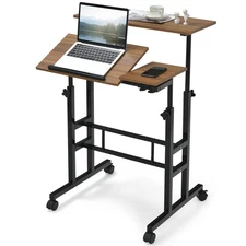 Costwy Mobile Stand up Desk Adjustable Computer Desk Tilting Workstation Walnut