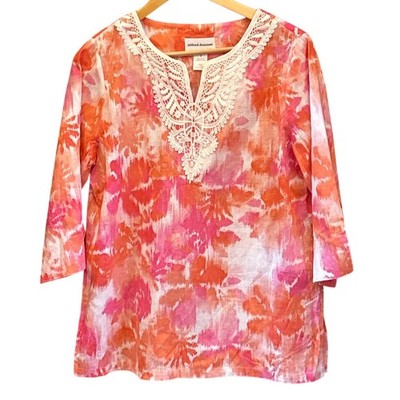 Alfred Dunner Tunic Top Boho Coastal Tropical Floral Ikat Crochet Lace S Casual