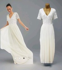 MAYA DELUXE Ecru Sequin & Tulle V-Neck Bridal Maxi Dress UK 12 BNWT