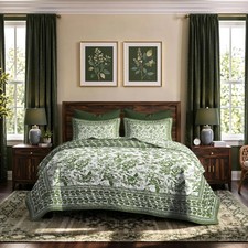 Green Vintage Floral Quilt Set King/Cal King Size, 3-Piece Classic Reversible Be