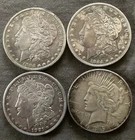 4 Silver Dollars 3 Morgan 2x1884 1921-D, 1 Peace Dollar 1935 90% Silver