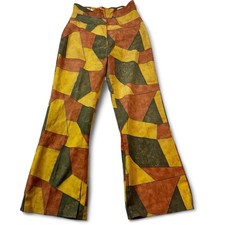 VTG Patchwork Plaid Wide Leg Bell Bottom Pants Groovy Hippy Retro READ 