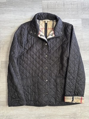 Burberry Brit Jacket Womens Large Black Quilted Nova Check Lined Snap Front