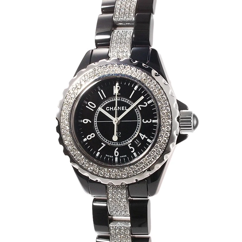 OROLOGIO CHANEL J12 H1338 33 MM QUADRANTE NERO LUNETTA DIAMANTI E BRACCIALE QUARZO