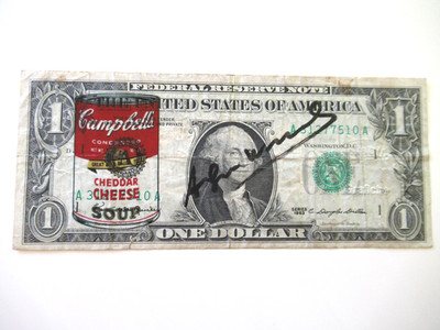 1 US  DOLLAR VON ANDY WARHOL  ORIGINAL SIGNIERT, USPS- FEB 10.1987 AUF US-STAMP