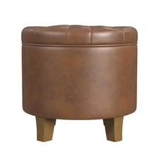 Round Storage Ottoman Brown Faux Leather - HomePop: Upholstered, Hardwood