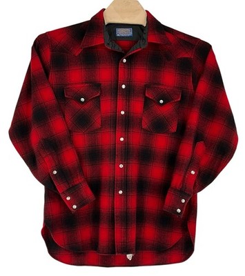 Pendleton High Grade Western Wear Shirt Mens L Red Plaid Wool Pearl Snap Vtg USA