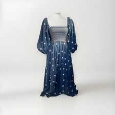 Free People Dahlia Dress Blue Floral Smocked Midi Small Boho Puff Sleeve