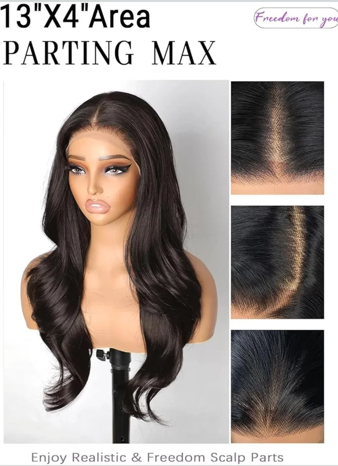 Peluca frontal de encaje HD mezcla cabello humano reflejos ondulado recto marrón oscuro Foto 3 de 4