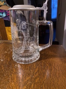 ALWE, W. Germany Crystal Etched Golf Theme Beer Stein W/ Lid - Excellent