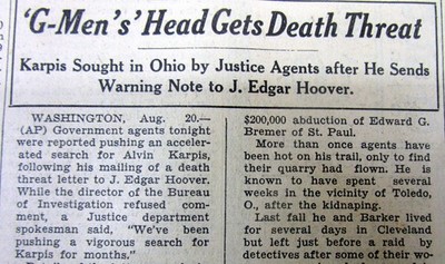 1935 newspaper FBI # 1 ''MOST WANTED'' ALVIN KARPIS THREAT to KILL J EDGAR HOOVER