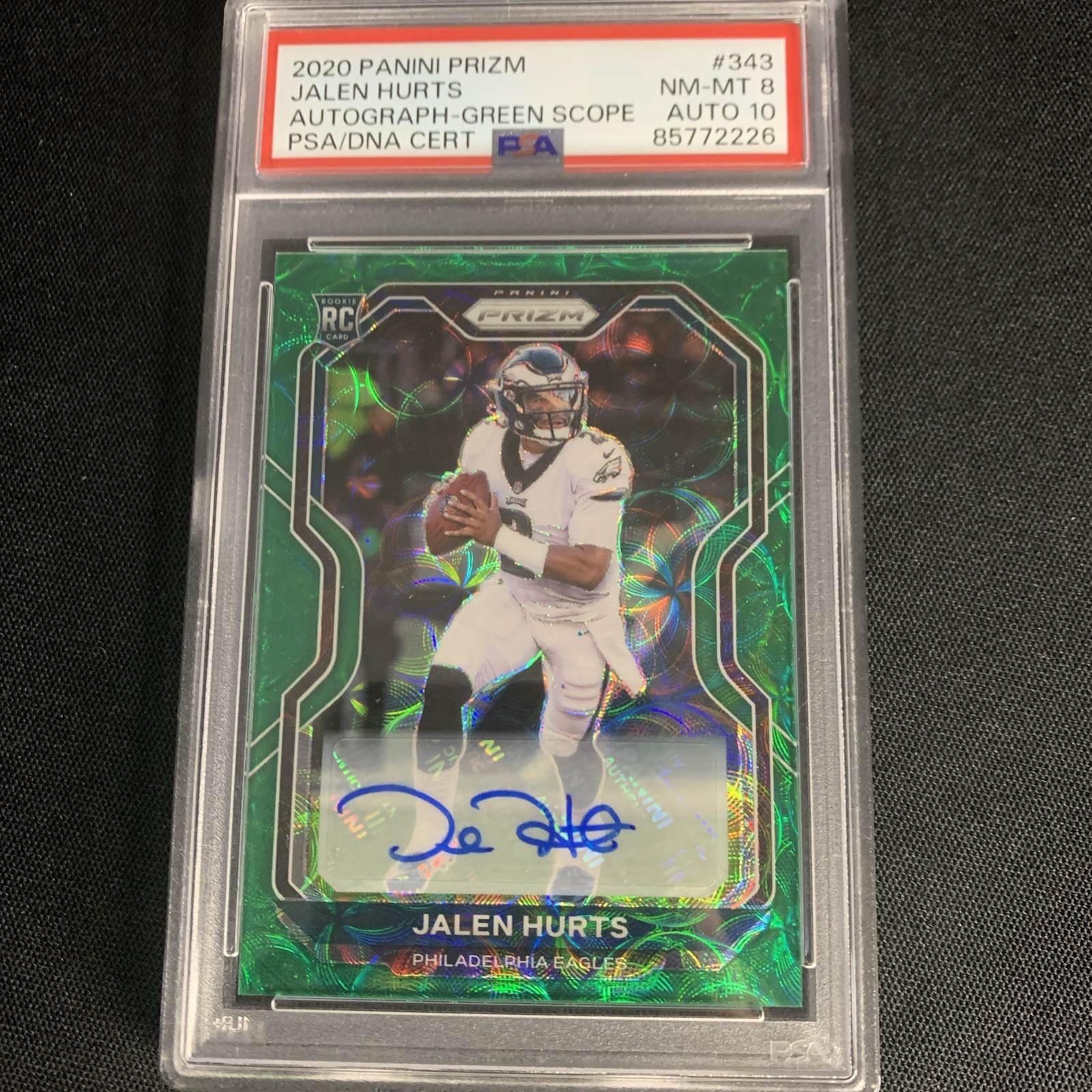 2020 Prizm Green Scope #343 Jalen Hurts /75 RC Rookie Autograph PSA 8 Auto 10