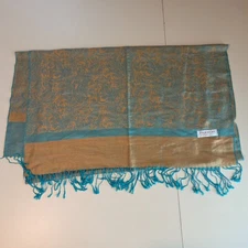 Pashmina Vintage Shawl Wrap Scarf - 70% Pashmina, 30% Silk, Blue & Tan, 70"x28"